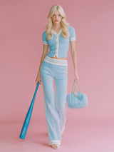 Elegant Retro Sporty White Trim Front Button V-neck Light Blue Knitted Top And Pants Set