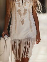 【24-hour shipping out】Casual Retro Bohemian Embroidered Sleeveless White Denim Tassel Mini Dress