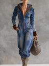 Vintage Casual Western Hooded V-neck Zipper Velvet Stitching Blue Denim Jumpsuit