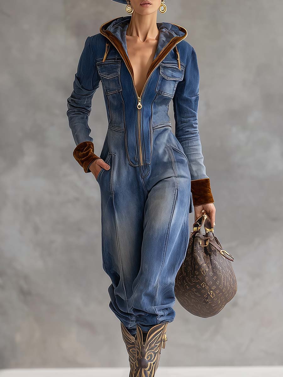 Vintage Casual Western Hooded V-neck Zipper Velvet Stitching Blue Denim Jumpsuit