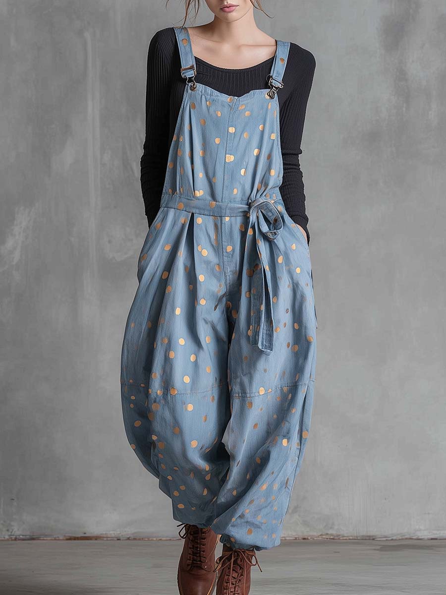 Vintage Fashion Waist TieGold Polka Dots Light Blue Denim Jumpsuit Overalls