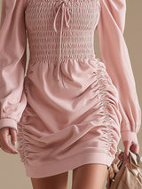 Square-neck Shirred Long-sleeved Mini Dress