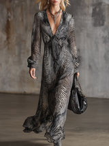 Elegant And Classic Zebra Print Chiffon V-neck Maxi Dress