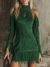 Semi-high Neck Off-the-shoulder Fringed Faux Suede Long-sleeved Mini Dress