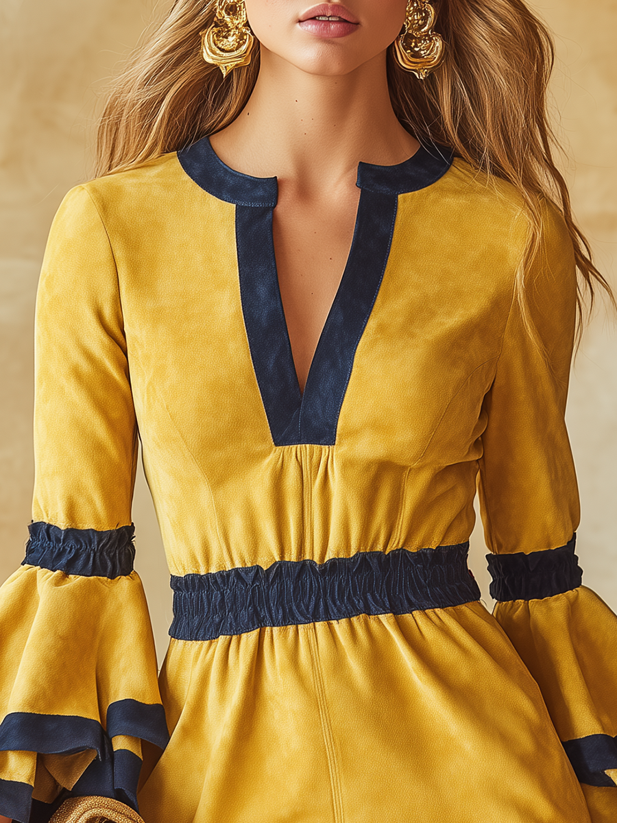 Retro Color-blocked Trim V-neck Ruffled Faux Suede Mini Dress