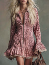 Elegant Vintage Western Front Zipper Ruffled Hem Lace Trim Pink Leopard Print Suede Mini Dress