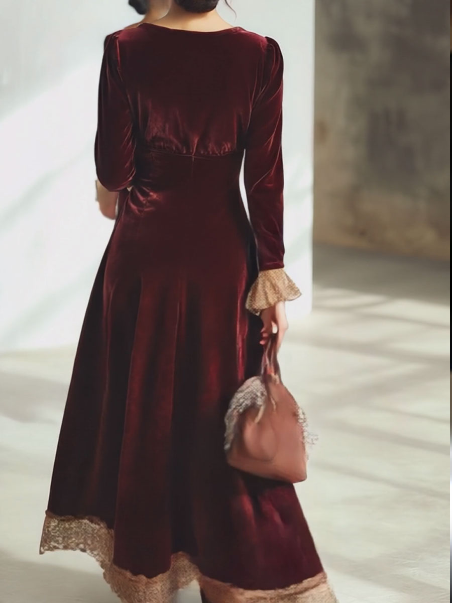 Vintage Ankola Red Velvet Lace V-neck Long Sleeve Maxi Dress