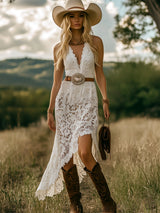 【24-hour shipping out】Vintage Elegant Western White Lace Bias Cut Maxi Dress