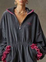 Sporty Retro Color-blocked Ruffled Blue-grey Cotton Embroidered Mini Dress