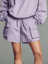 Sporty Retro Light Purple Outdoor Hooded Sun Protection Shirt And Shorts Set