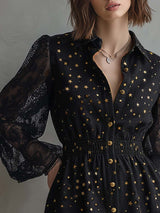 Elegant Vintage Ruffled Hem Lace Long Sleeves Gold Star Pattern Black Denim Mini Dress