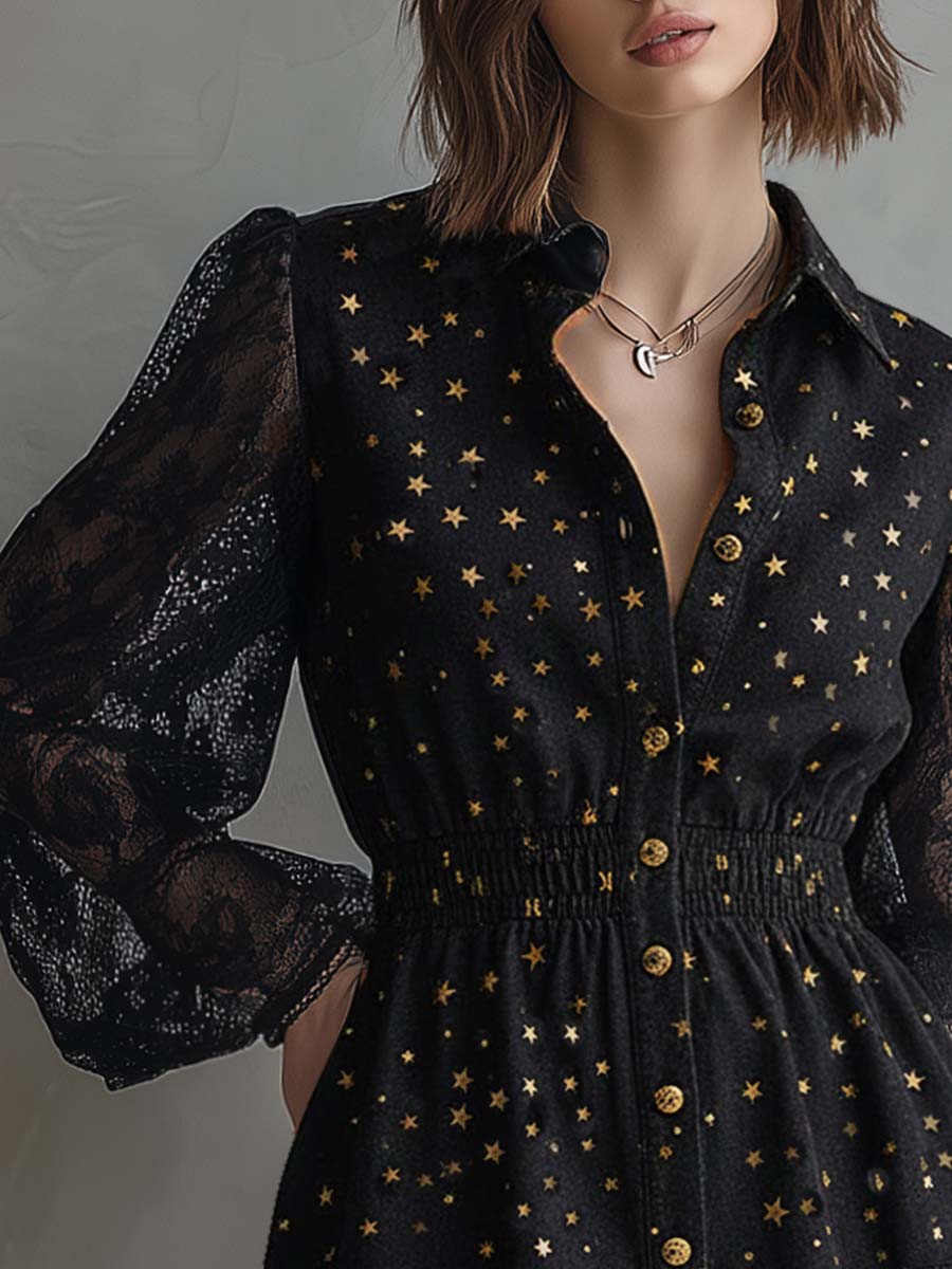 Elegant Vintage Ruffled Hem Lace Long Sleeves Gold Star Pattern Black Denim Mini Dress