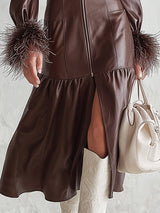 Elegant And Sophisticated Chocolate Brown Collared PU Feather-trimmed Midi Dress