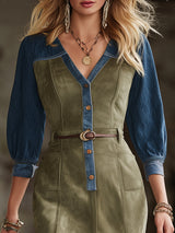 Western-style Casual Olive Green Faux Suede Patchwork Denim Midi Dress