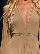 Bohemian Strapless Off-the-Shoulder Khaki Long Sleeve Mini Dress