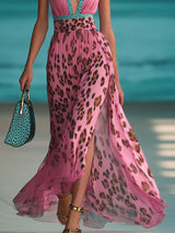 【24-hour shipping out】Retro Fashion Contrast Color V-Neck Leopard Print Pink Chiffon Slit Maxi Dress