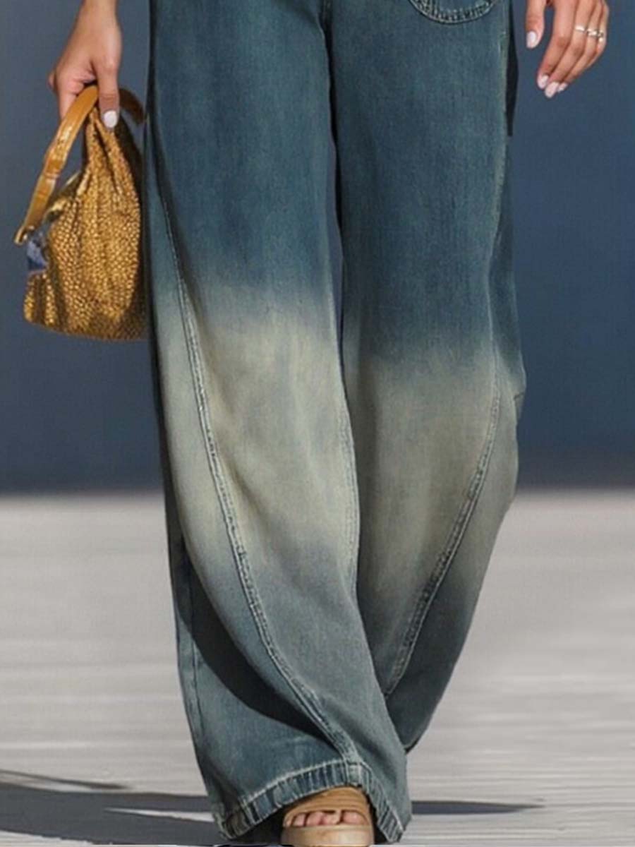 Casual Fashion Gradient Washed Denim Blue Gray Loose Pants