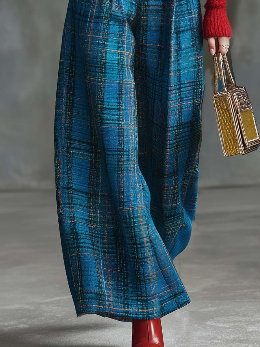 Vintage Fashion Versatile Blue Plaid Wide-leg Pants
