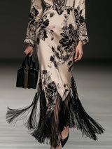 Elegant Bohemian Style V-neck Tassel Floral Print Beige Satin Maxi Dress