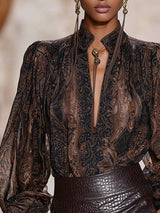 Premium Printed V-Neck Mocha Brown Printed Long Sleeve Shirt