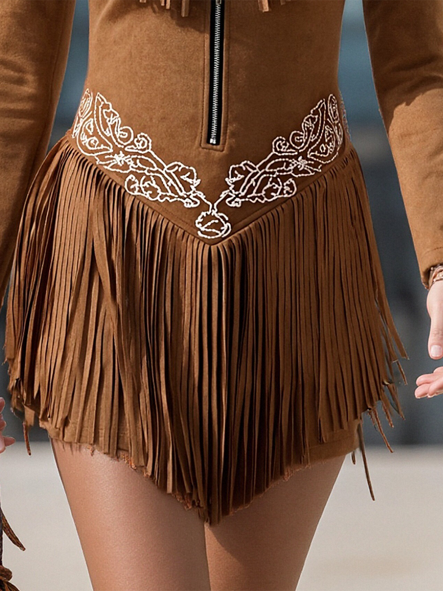 Vintage Western Style Embroidered Tassel Long Sleeve Brown Suede Mini Dress