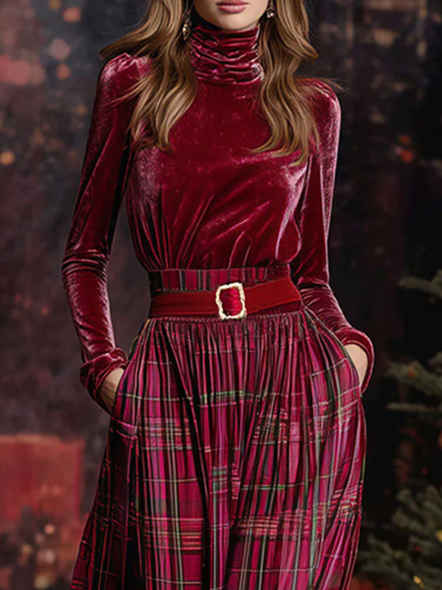 Festive Retro Red Velvet Turtleneck Plaid Skirt Set