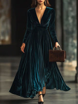 【24-hour shipping out】V-Neck Fashion Party Solid Color Velvet Long-Sleeved Maxi Dress