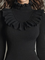 Stylish Black KnittedWith Ruffled Bell Sleeves Mini Dress