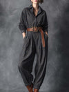 Vintage Fashiona Lapel Front Button Gold-plated Silver Polka Dot Pattern Dark Gray Denim Jumpsuit
