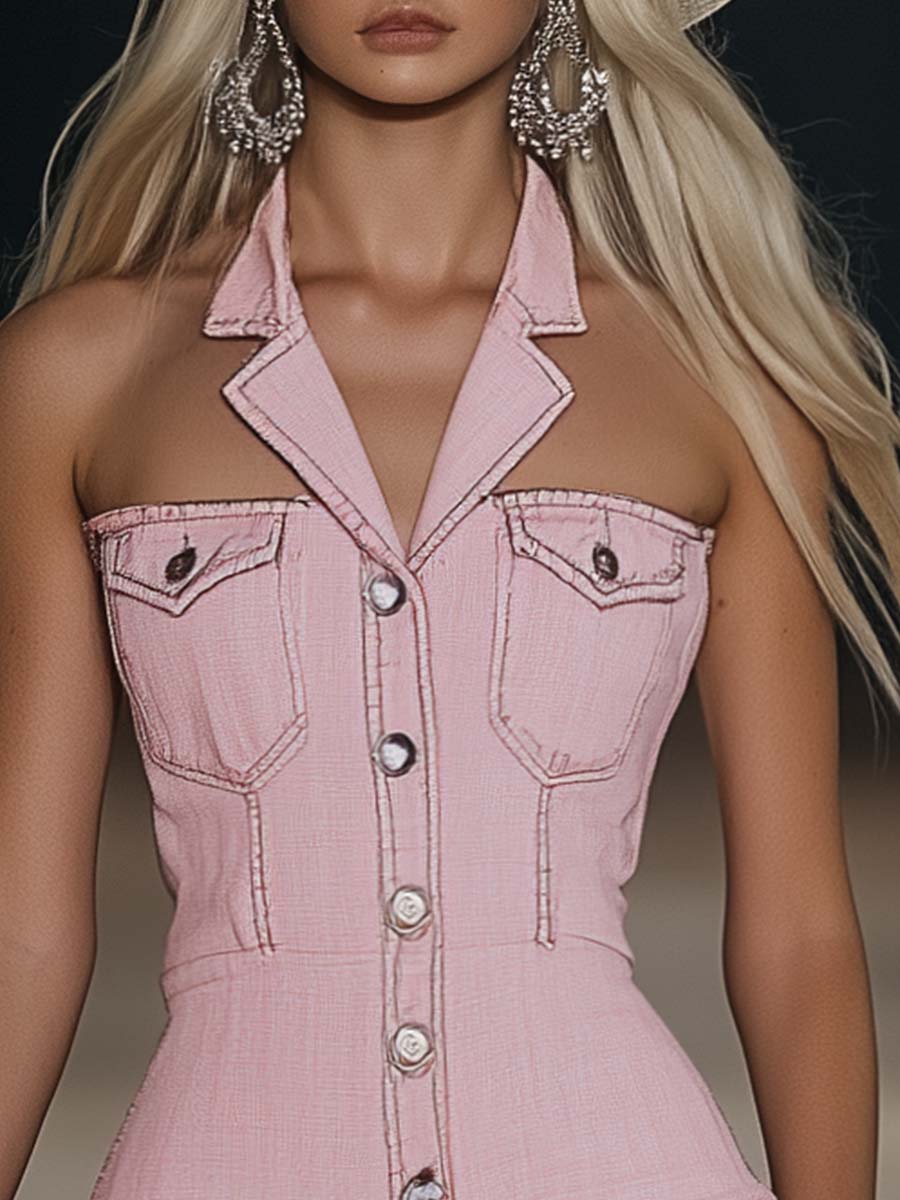【24-hour shipping out】Fashion Off-The-Shoulder Lapel Front Button Pink Denim Mini Dress
