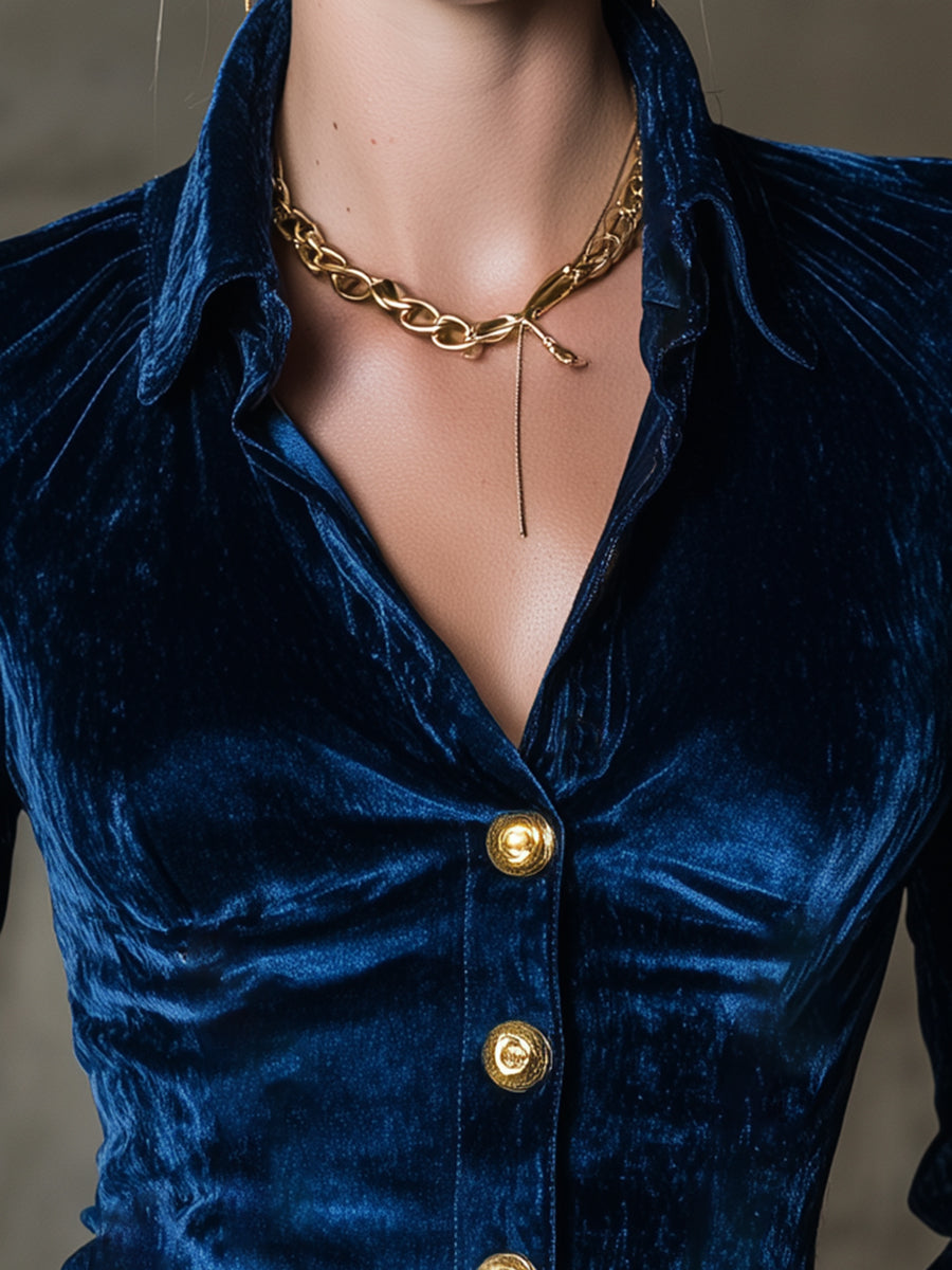 Elegant Blue Velvet Long-sleevedWith Gold Buttons Shirt