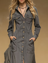 Vintage Grey Denim Maxi Dress with Lapel & Pockets
