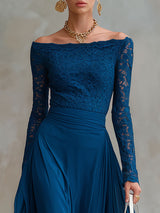 Fashionable Retro Long-sleeved Indigo Blue Lace Chiffon Maxi Dress