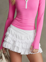 Sporty Pink Lycra Half-Zip Top And Ruffled Skirt Set