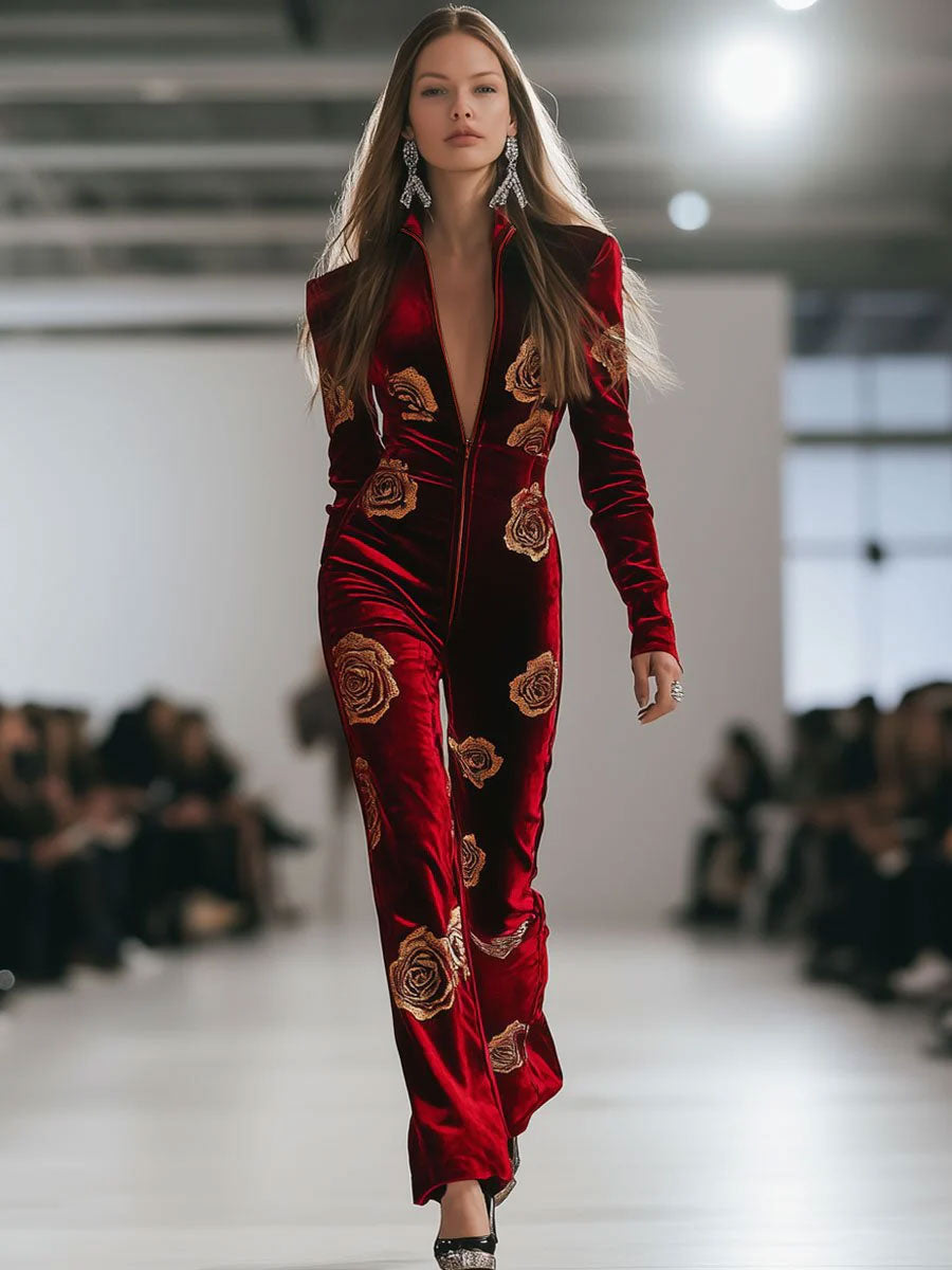 Casual Loose Retro Red Velvet Gold Rose Printed Zipper Long Sleeve Jumpsuit