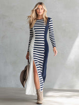 Elegant Retro Exquisite Round Neck Navy And White Contrast Striped Stretch Cotton Slit Midi Dress