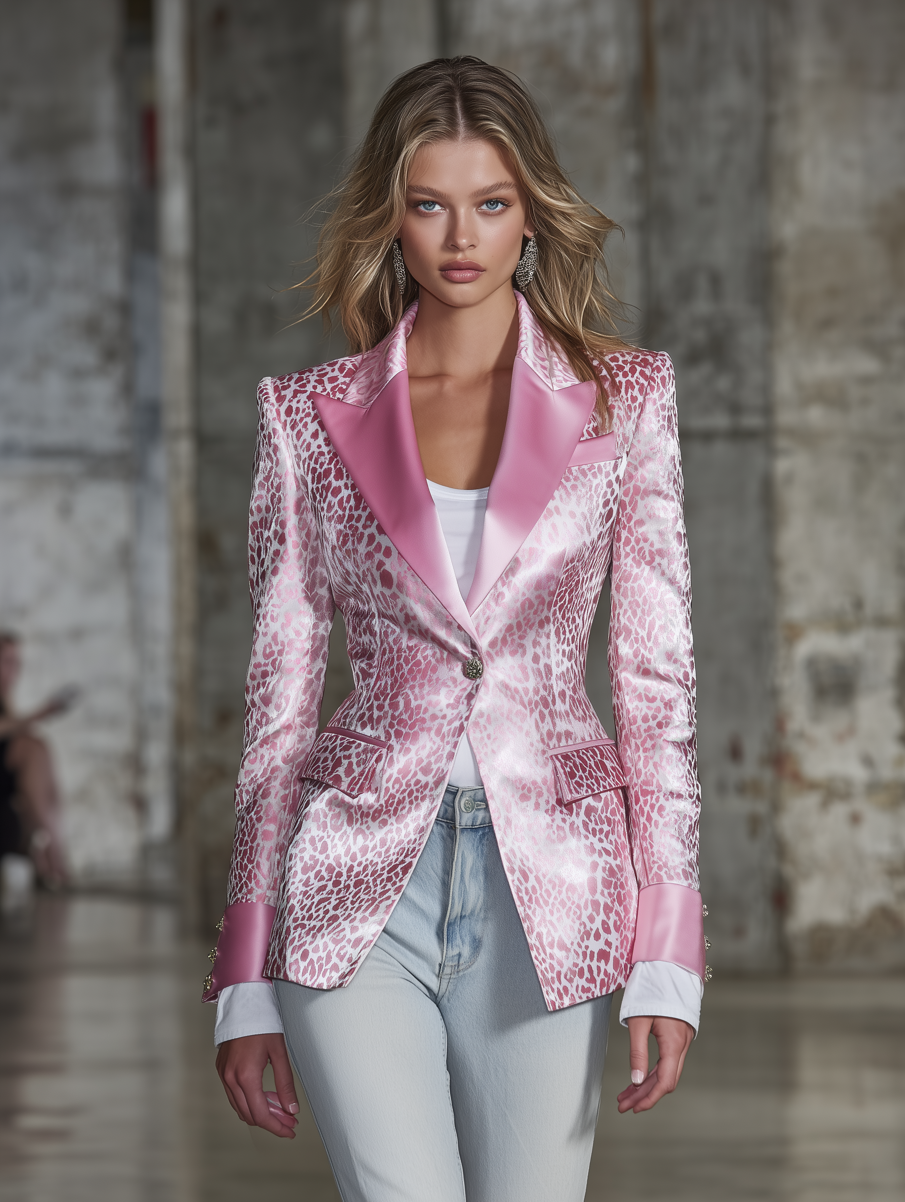 Stylish Pink SatinWith Leopard Print Collar And Solid Color Design Blazer