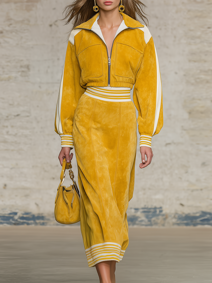 Elegant Edgy Urban-style Lapel Faux Suede Shirt And Skirt Set