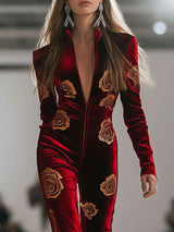 Casual Loose Retro Red Velvet Gold Rose Printed Zipper Long Sleeve Jumpsuit
