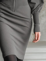 Stylish Gray Hooded Sweatshirt With Zippered Waist And Elasticated Hem Paired With A Midi Dress