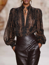 Premium Printed V-Neck Mocha Brown Printed Long Sleeve Shirt