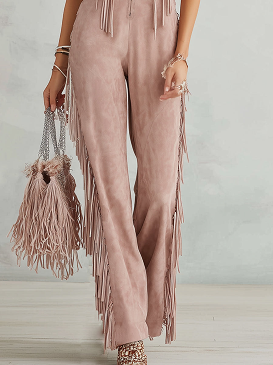 Retro Western-style Dusty Pink Faux Suede Fringe Jumpsuit