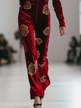 Casual Loose Retro Red Velvet Gold Rose Printed Zipper Long Sleeve Jumpsuit