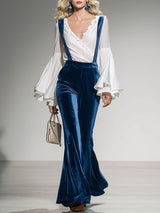Loose And Casual Wide-leg Blue Velvet Overalls