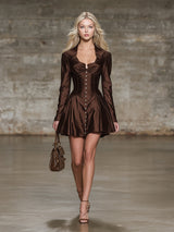 Elegant Brown Satin Mini Dress With Buttons