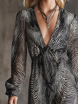 Elegant And Classic Zebra Print Chiffon V-neck Maxi Dress