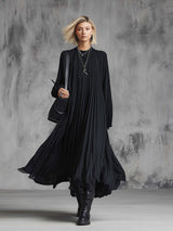Elegant Urban Silhouette Black Chiffon Pleated Maxi Dress