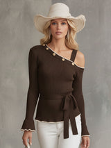 Elegant And Retro-style Brown Knitted Off-the-shoulder Sweater