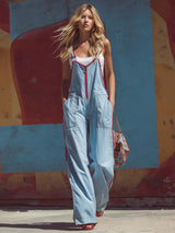 Casual Fashion Versatile Red Trim Front Zipper Light Blue Denim Jumpsuit Overalls
