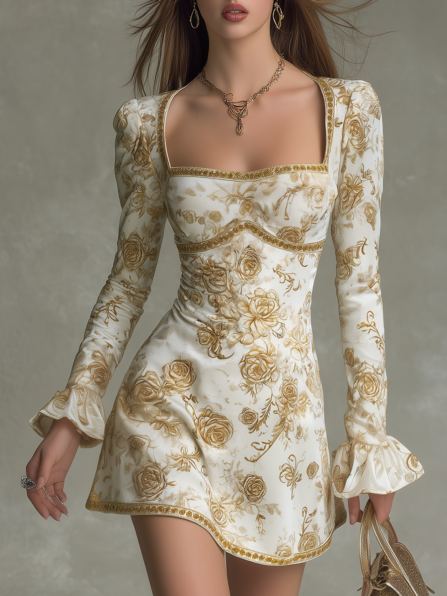 Elegant Vintage-style Gold Trim Rose Print Velvet Mini Dress